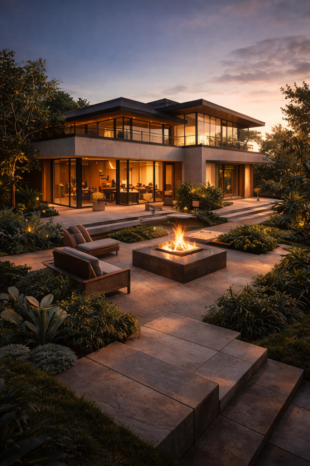Villa pool at dusk.